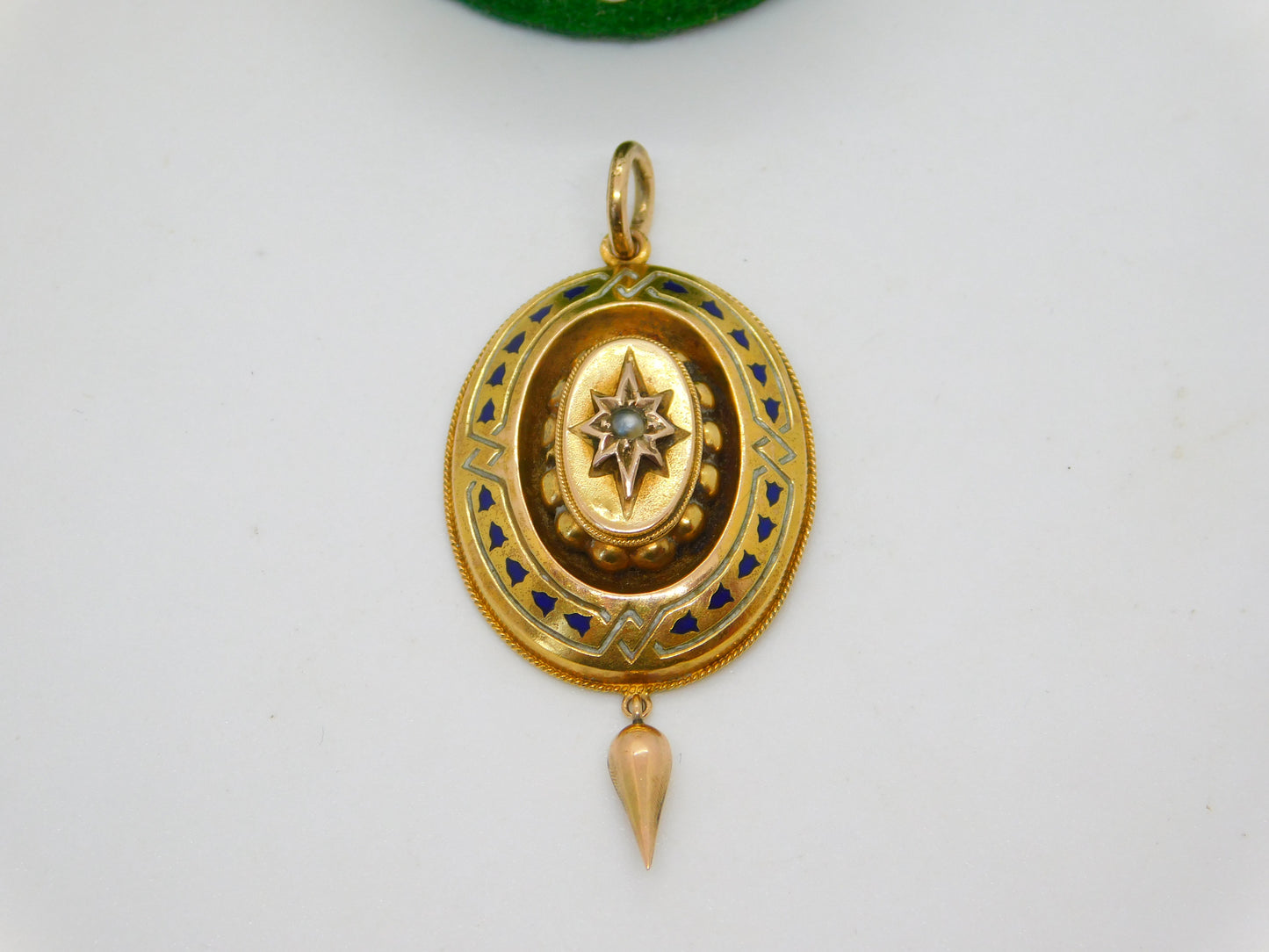 Victorian 18ct Gold, Enamel & Seed Pearl Mourning Pendant Antique c1860