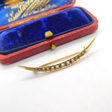 9ct Yellow Gold & Seed Pearl Crescent Moon Sweetheart Brooch Antique 1912