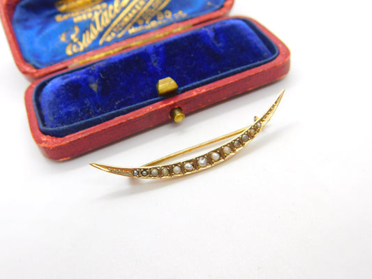 9ct Yellow Gold & Seed Pearl Crescent Moon Sweetheart Brooch Antique 1912