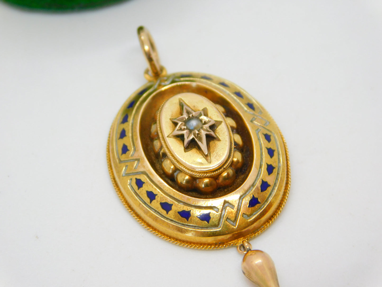 Victorian 18ct Gold, Enamel & Seed Pearl Mourning Pendant Antique c1860
