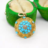 Victorian 18ct Yellow Gold, Blue Turquoise & Diamond Drop Pendant Antique c1860