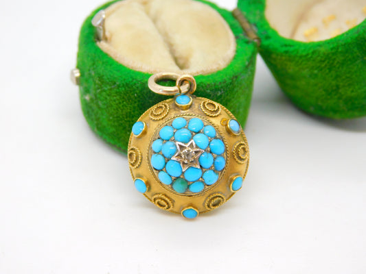 Victorian 18ct Yellow Gold, Blue Turquoise & Diamond Drop Pendant Antique c1860