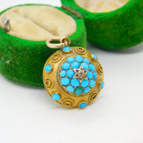 Victorian 18ct Yellow Gold, Blue Turquoise & Diamond Drop Pendant Antique c1860