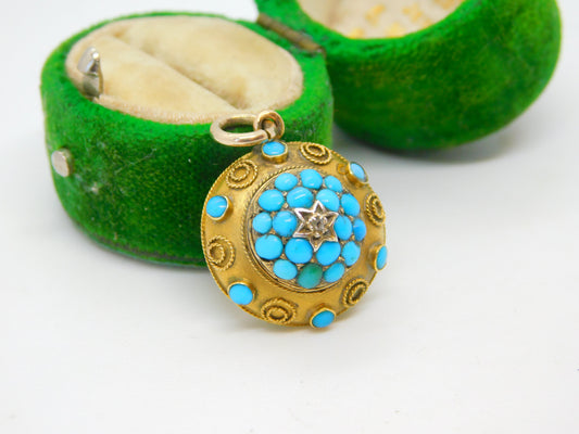 Victorian 18ct Yellow Gold, Blue Turquoise & Diamond Drop Pendant Antique c1860