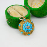 Victorian 18ct Yellow Gold, Blue Turquoise & Diamond Drop Pendant Antique c1860
