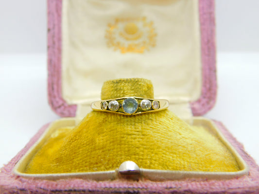 Victorian 18ct Gold, Aquamarine & 0.15ct Diamond Band Ring Antique c1900