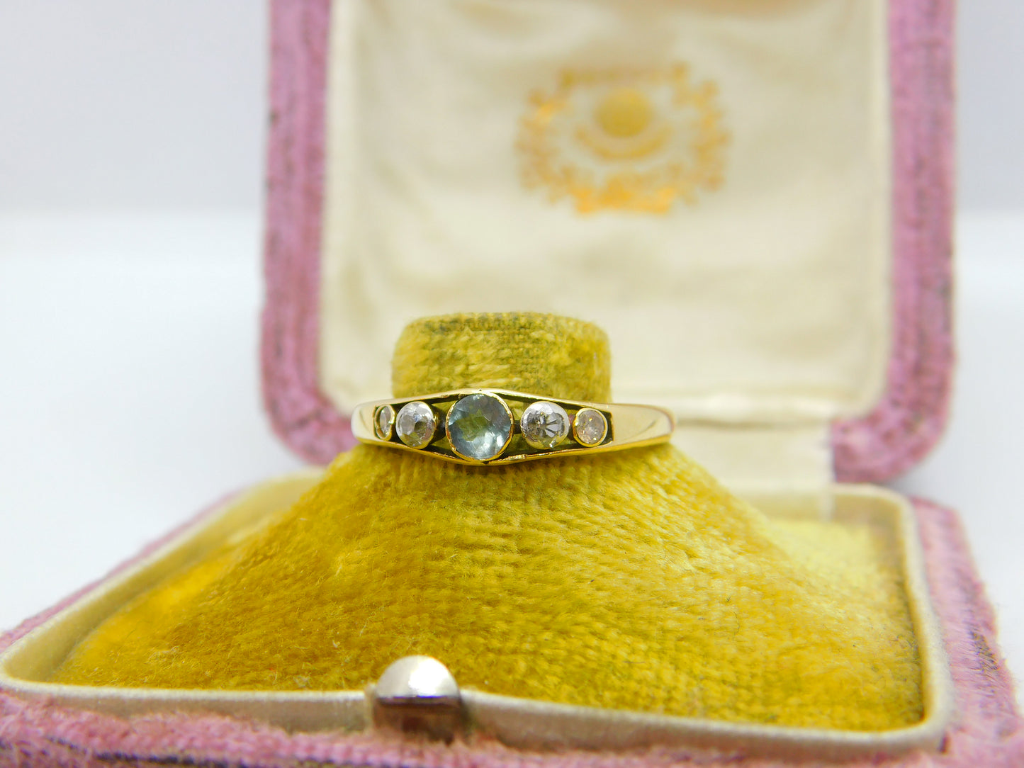 Victorian 18ct Gold, Aquamarine & 0.15ct Diamond Band Ring Antique c1900