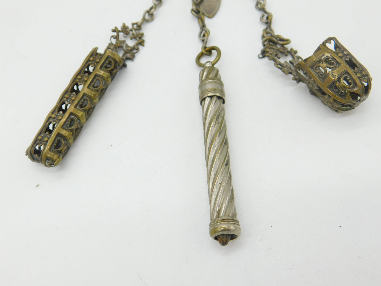 Victorian Egyptian Revival Goddess Gilt Metal Chatelaine inc Tools Antique c1850