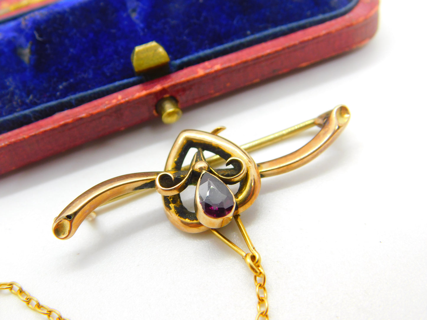 Edwardian 9ct Yellow Gold & Garnet Drop Brooch Pin Antique c1910