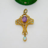 Victorian 9ct Gold, Amethyst, Opal & Seed Pearl Lavalier Drop Pendant Antique