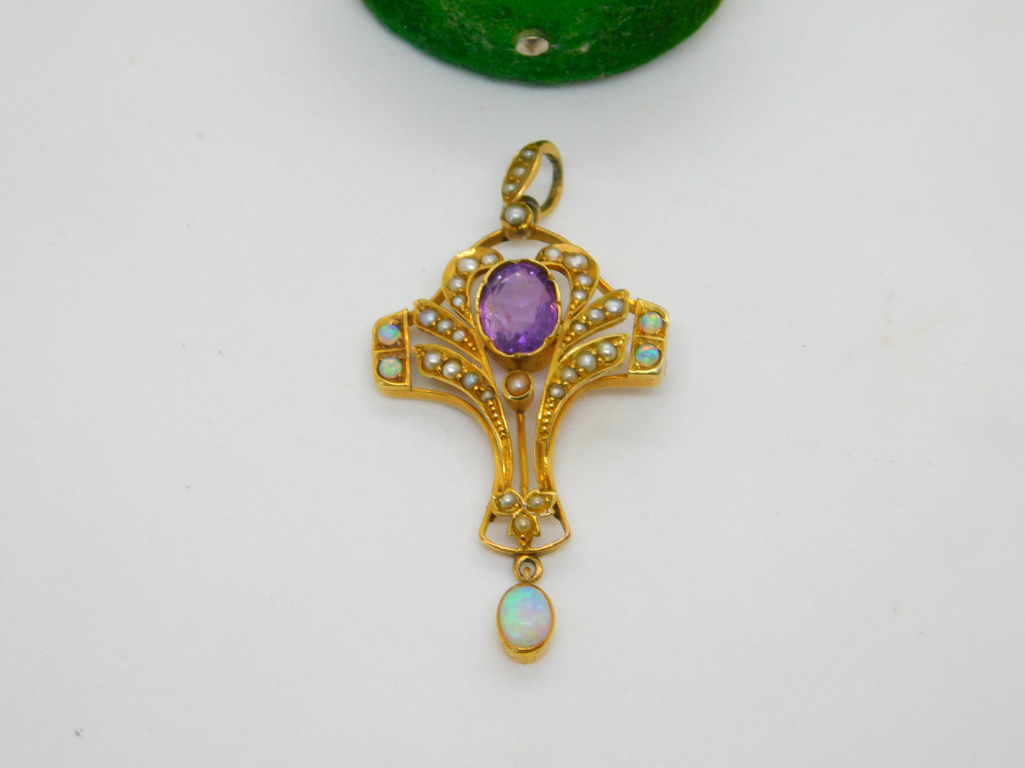 Victorian 9ct Gold, Amethyst, Opal & Seed Pearl Lavalier Drop Pendant Antique