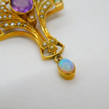 Victorian 9ct Gold, Amethyst, Opal & Seed Pearl Lavalier Drop Pendant Antique