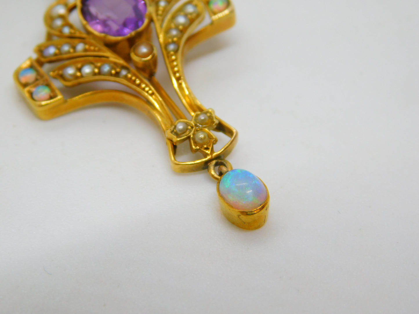 Victorian 9ct Gold, Amethyst, Opal & Seed Pearl Lavalier Drop Pendant Antique