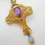 Victorian 9ct Gold, Amethyst, Opal & Seed Pearl Lavalier Drop Pendant Antique