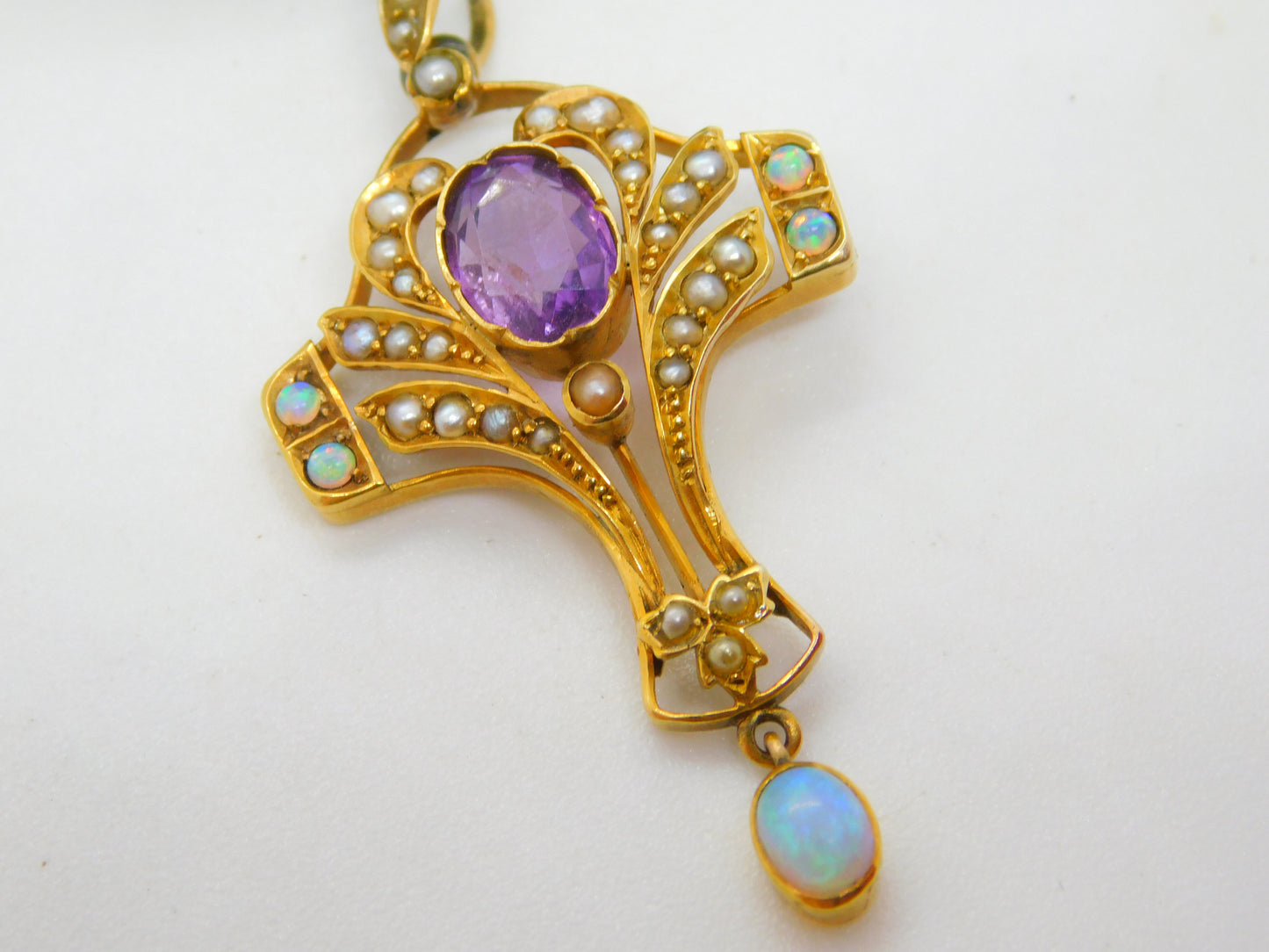 Victorian 9ct Gold, Amethyst, Opal & Seed Pearl Lavalier Drop Pendant Antique