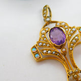 Victorian 9ct Gold, Amethyst, Opal & Seed Pearl Lavalier Drop Pendant Antique