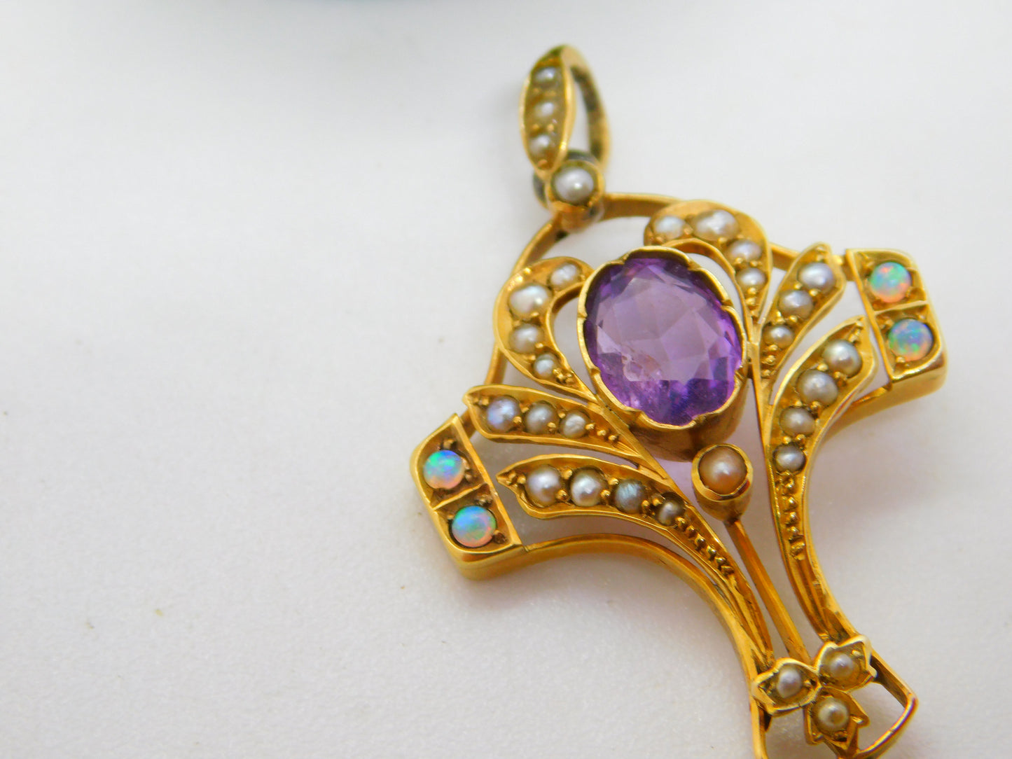 Victorian 9ct Gold, Amethyst, Opal & Seed Pearl Lavalier Drop Pendant Antique