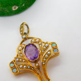 Victorian 9ct Gold, Amethyst, Opal & Seed Pearl Lavalier Drop Pendant Antique
