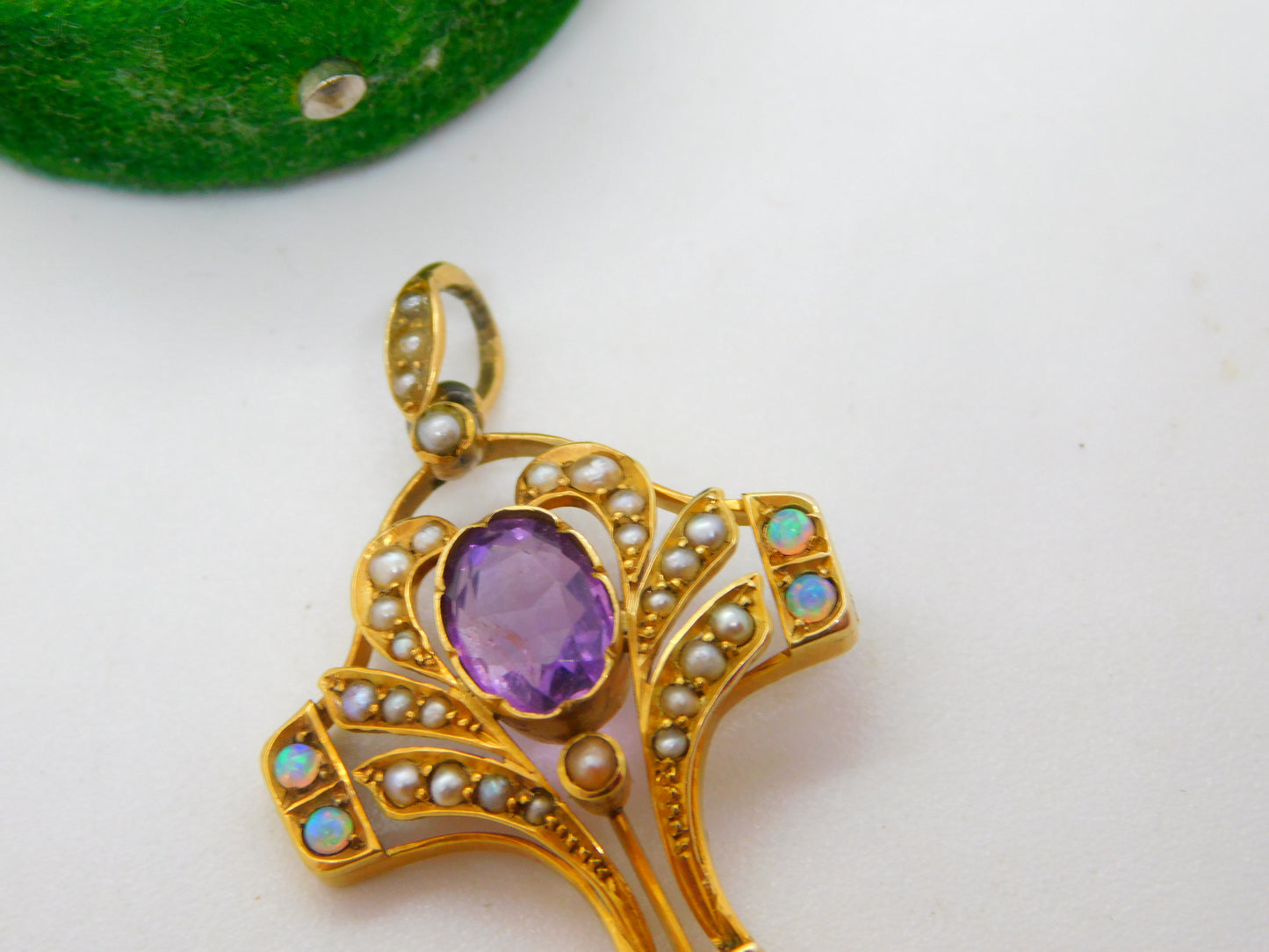 Victorian 9ct Gold, Amethyst, Opal & Seed Pearl Lavalier Drop Pendant Antique
