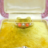 Victorian 18ct Yellow Gold, Red Coral & Seed Pearl Boat Ring c1880 Antique
