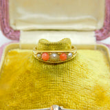 Victorian 18ct Yellow Gold, Red Coral & Seed Pearl Boat Ring c1880 Antique