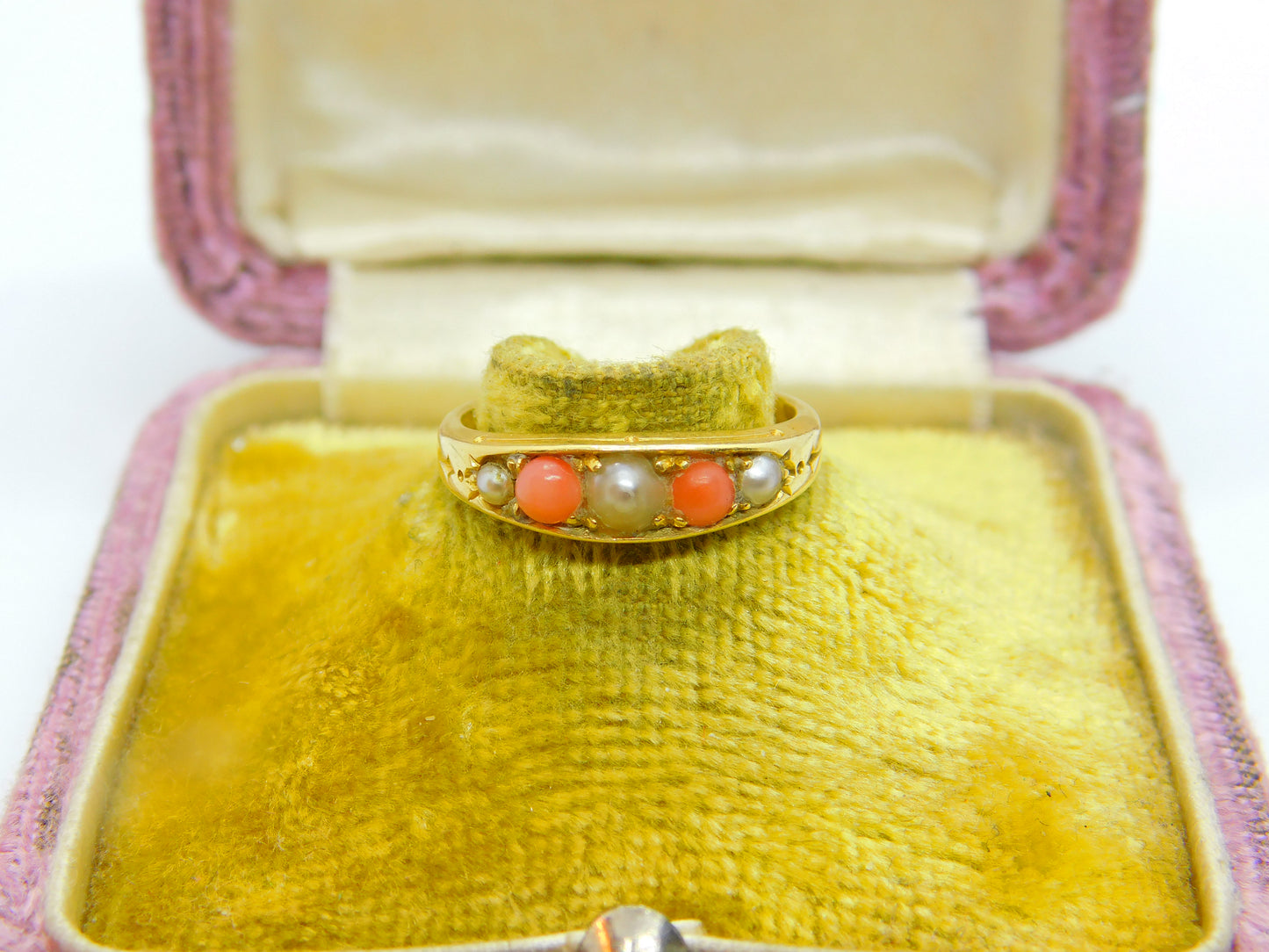 Victorian 18ct Yellow Gold, Red Coral & Seed Pearl Boat Ring c1880 Antique