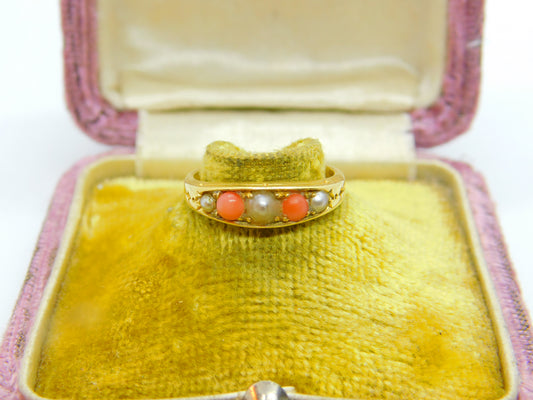 Victorian 18ct Yellow Gold, Red Coral & Seed Pearl Boat Ring c1880 Antique