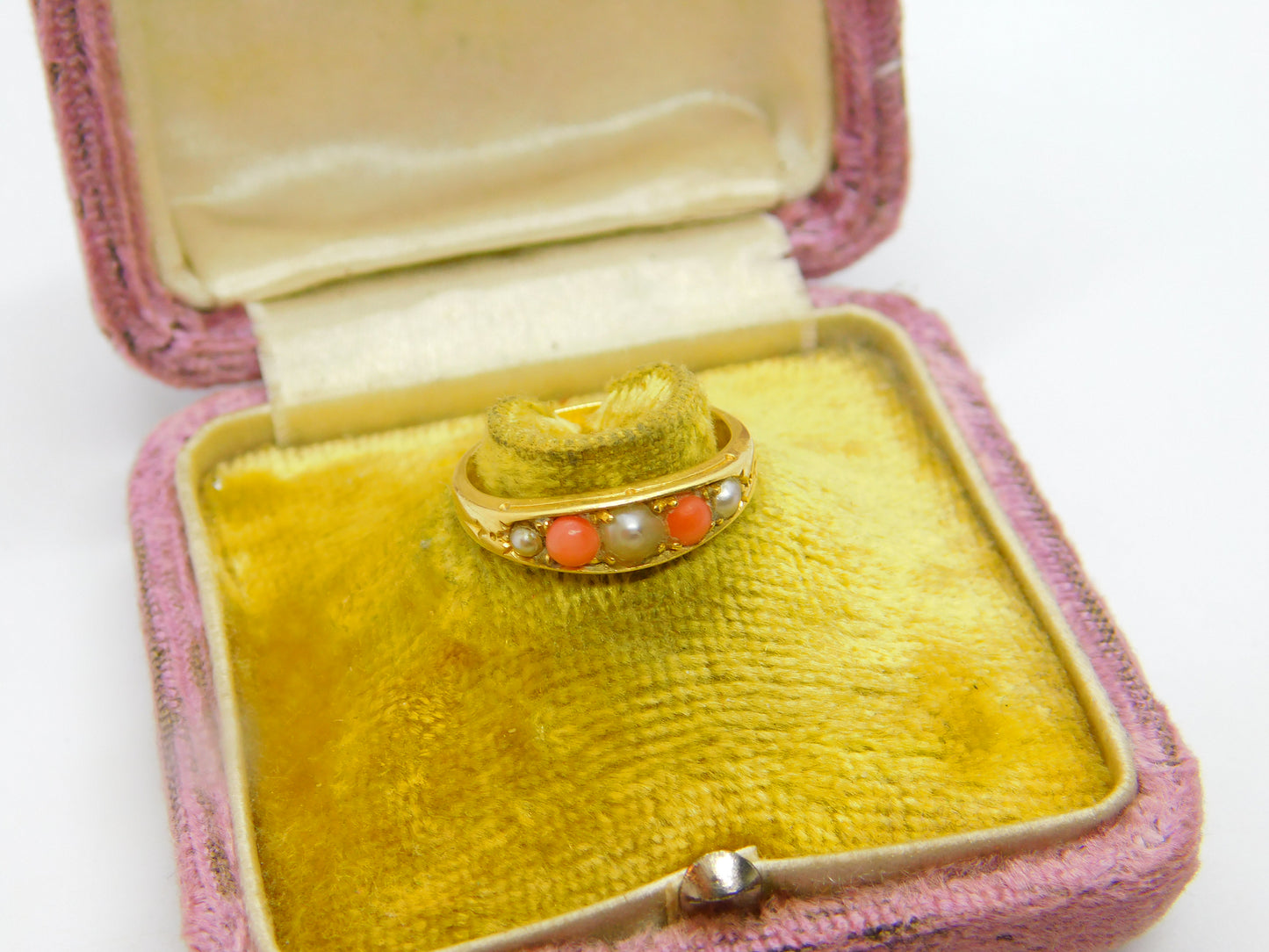 Victorian 18ct Yellow Gold, Red Coral & Seed Pearl Boat Ring c1880 Antique