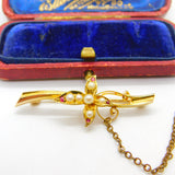 15ct Yellow Gold, Ruby & Pearl Art Nouveau Sweetheart Brooch Antique c1910