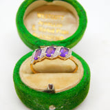 9ct Yellow Gold Three Stone Amethyst & Diamond Dress Ring Vintage Birmingham