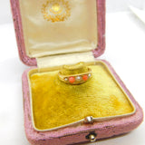 Victorian 18ct Yellow Gold, Red Coral & Seed Pearl Boat Ring c1880 Antique
