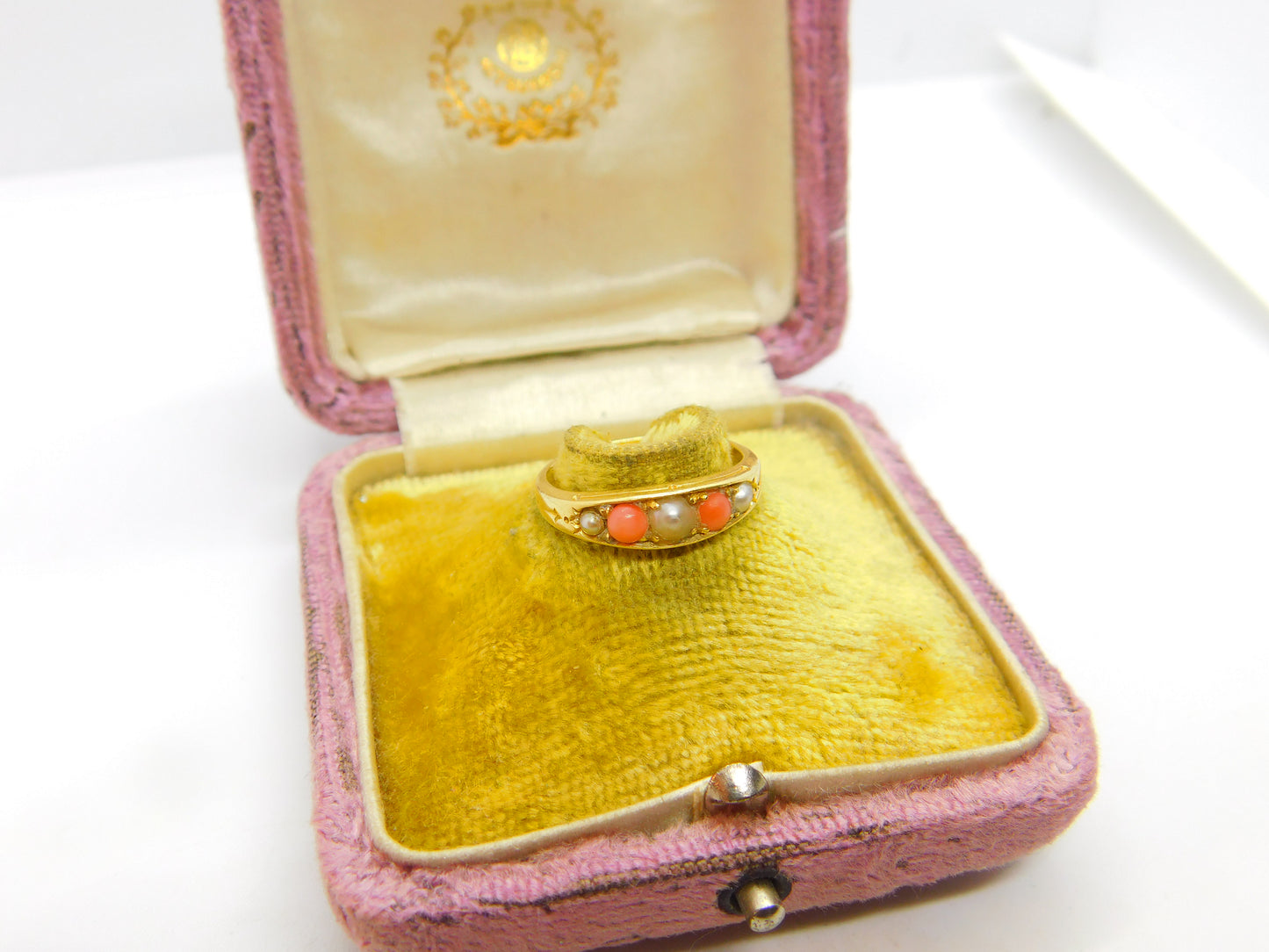 Victorian 18ct Yellow Gold, Red Coral & Seed Pearl Boat Ring c1880 Antique