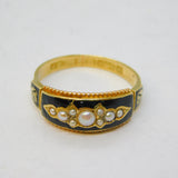 Victorian 15ct Gold, Black Enamel, Pearl Mourning Ring Antique 1861 Birmingham