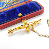 15ct Yellow Gold, Ruby & Pearl Art Nouveau Sweetheart Brooch Antique c1910
