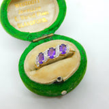 9ct Yellow Gold Three Stone Amethyst & Diamond Dress Ring Vintage Birmingham
