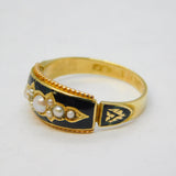 Victorian 15ct Gold, Black Enamel, Pearl Mourning Ring Antique 1861 Birmingham