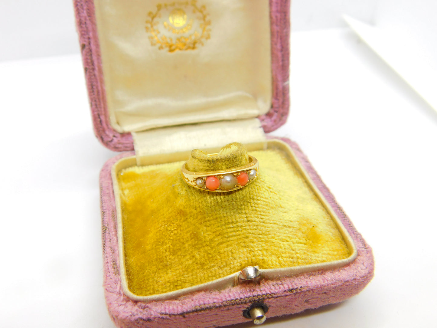 Victorian 18ct Yellow Gold, Red Coral & Seed Pearl Boat Ring c1880 Antique