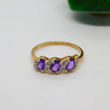 9ct Yellow Gold Three Stone Amethyst & Diamond Dress Ring Vintage Birmingham