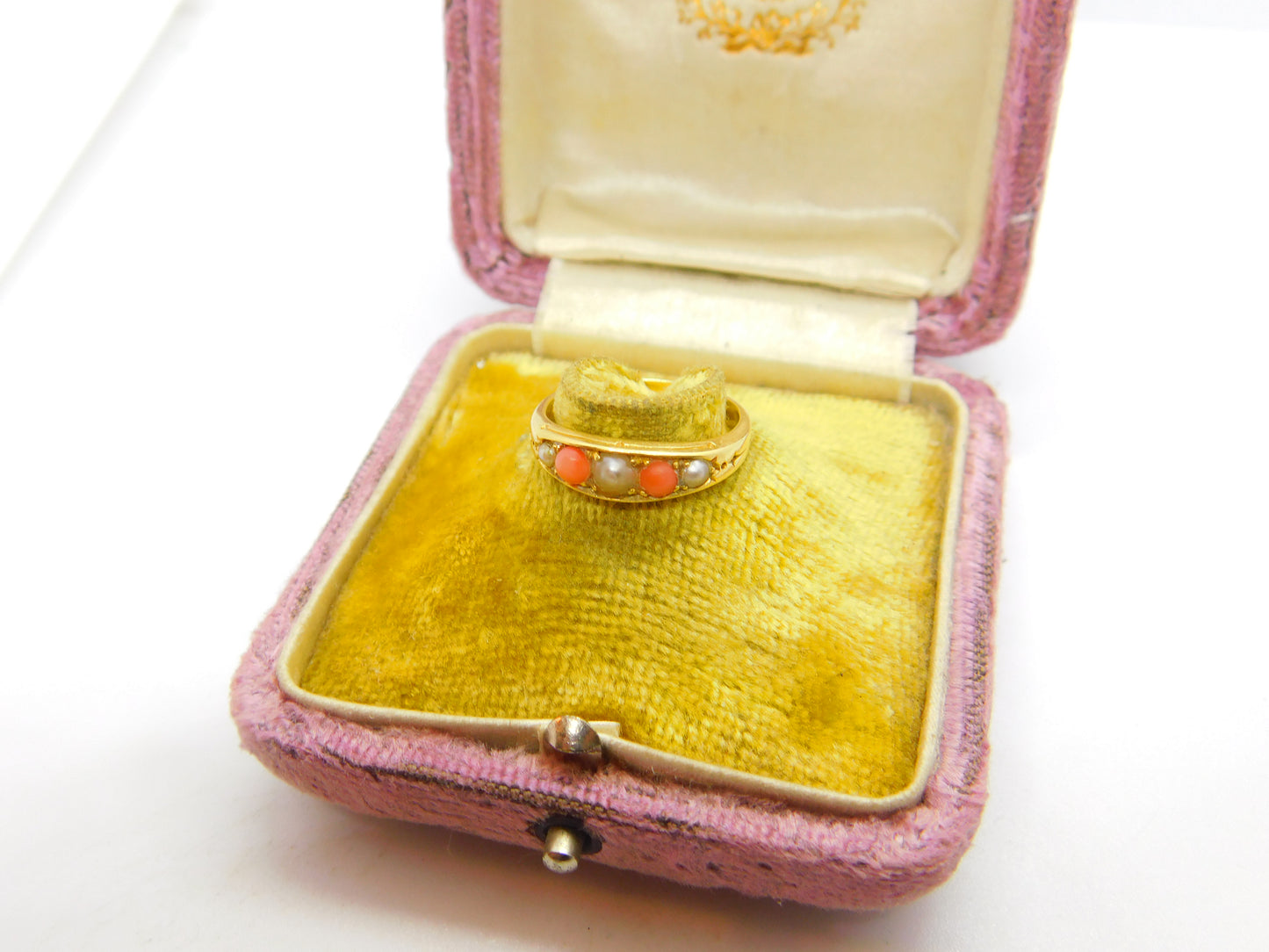 Victorian 18ct Yellow Gold, Red Coral & Seed Pearl Boat Ring c1880 Antique