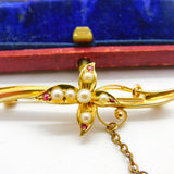 15ct Yellow Gold, Ruby & Pearl Art Nouveau Sweetheart Brooch Antique c1910