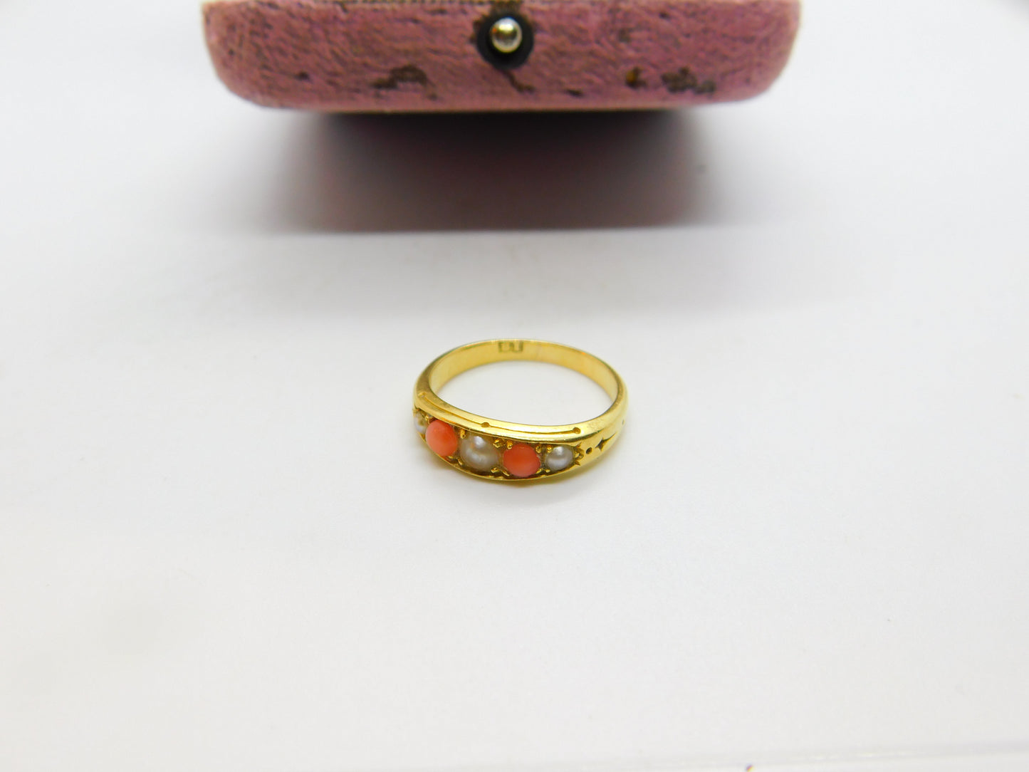 Victorian 18ct Yellow Gold, Red Coral & Seed Pearl Boat Ring c1880 Antique