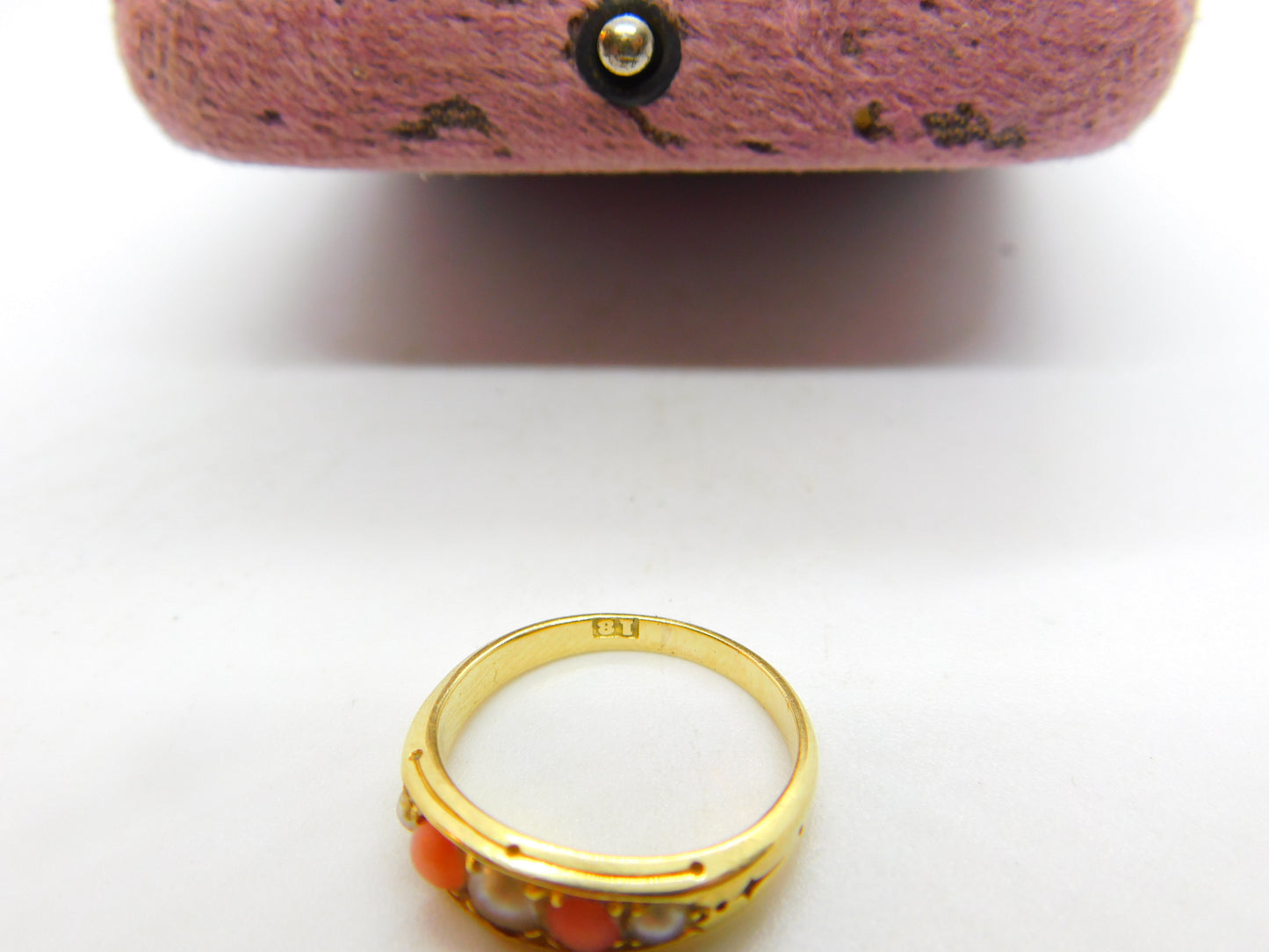 Victorian 18ct Yellow Gold, Red Coral & Seed Pearl Boat Ring c1880 Antique