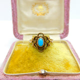 9ct Yellow Gold, Cabochon Turquoise Floral Dress Ring 1988 London Vintage