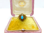 9ct Yellow Gold, Cabochon Turquoise Floral Dress Ring 1988 London Vintage
