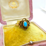 9ct Yellow Gold, Cabochon Turquoise Floral Dress Ring 1988 London Vintage