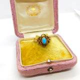 9ct Yellow Gold, Cabochon Turquoise Floral Dress Ring 1988 London Vintage
