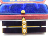 15ct Gold, Pearl & Jet Two Line Mourning Brooch Antique c1900 Victorian
