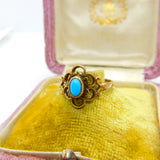9ct Yellow Gold, Cabochon Turquoise Floral Dress Ring 1988 London Vintage