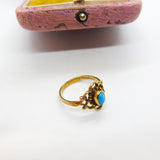 9ct Yellow Gold, Cabochon Turquoise Floral Dress Ring 1988 London Vintage