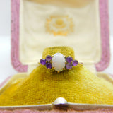 9ct Yellow Gold, Amethyst & Cabochon Opal Band Ring 1982 London Vintage